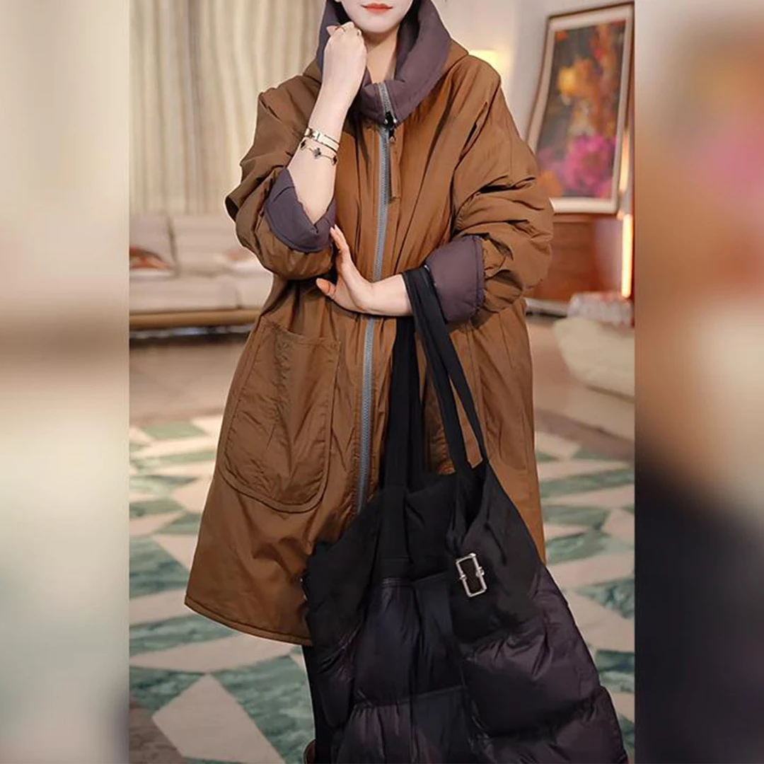 时尚宽松显瘦加厚保暖棉衣女秋冬新款气质复古双面穿连帽棉服外套