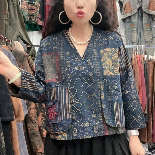织绣招财猫麻上衣两面穿兰色