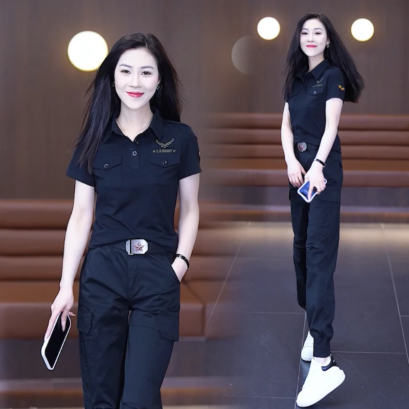 夏季新款韩版迷彩服套装女大码工装裤显瘦翻领短袖气质t恤水兵舞