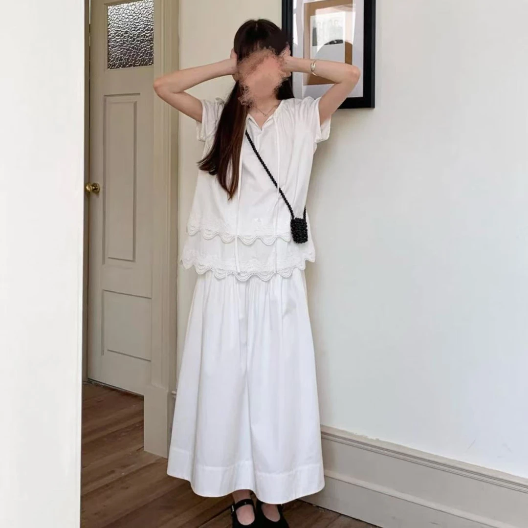 2025波浪镂空春日特惠层叠花边拼接法式小衫+半身裙