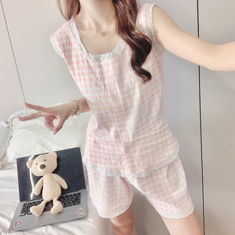 夏季胸垫吊带睡衣女甜美可爱碎花套装蕾丝花边宽松休闲无袖家居服