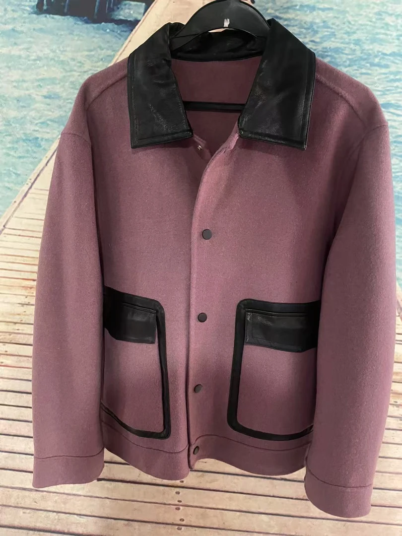 男士短款秋冬季新款修身双面呢子紫红色羊毛妮子外套