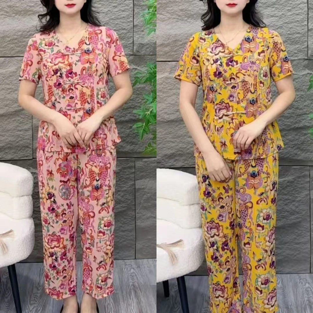 【墨严】夏季新款妈妈装套装两件套九分裤薄款