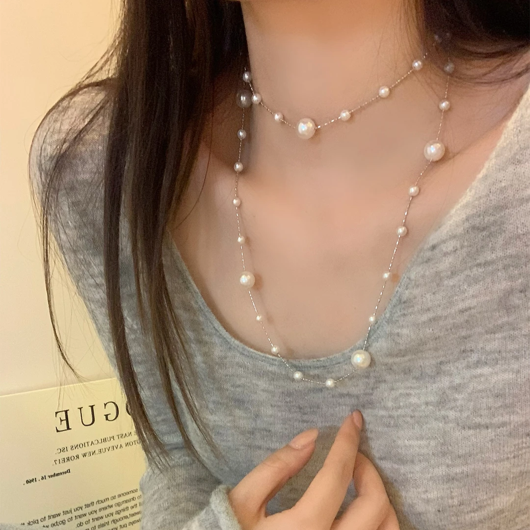 铜合金项链 不规则仿珍珠项链女高级感颈链长款叠戴配饰毛衣链潮
