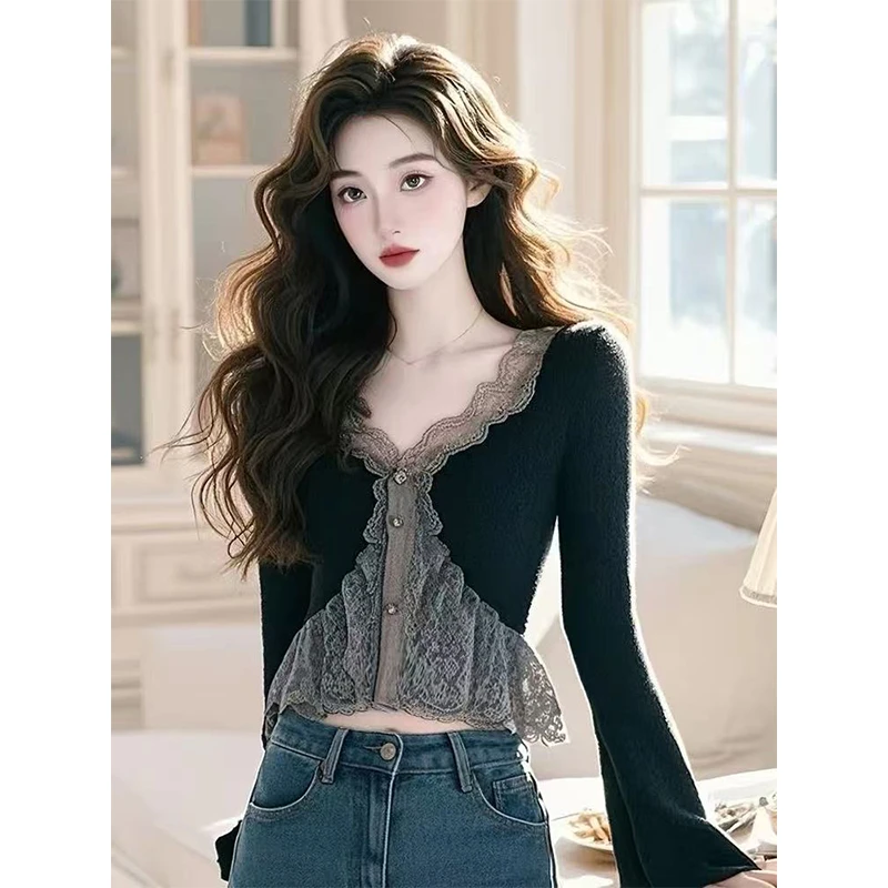 纯欲风撞色蕾丝拼接V领长袖针织开衫女装洋气修身百搭超好看上衣