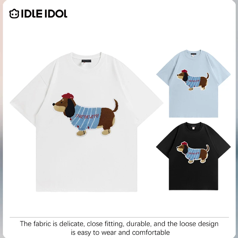 IDLE IDOL【ELALI】夏季爆款晚安狗刺绣重磅纯棉宽松情侣款短袖男