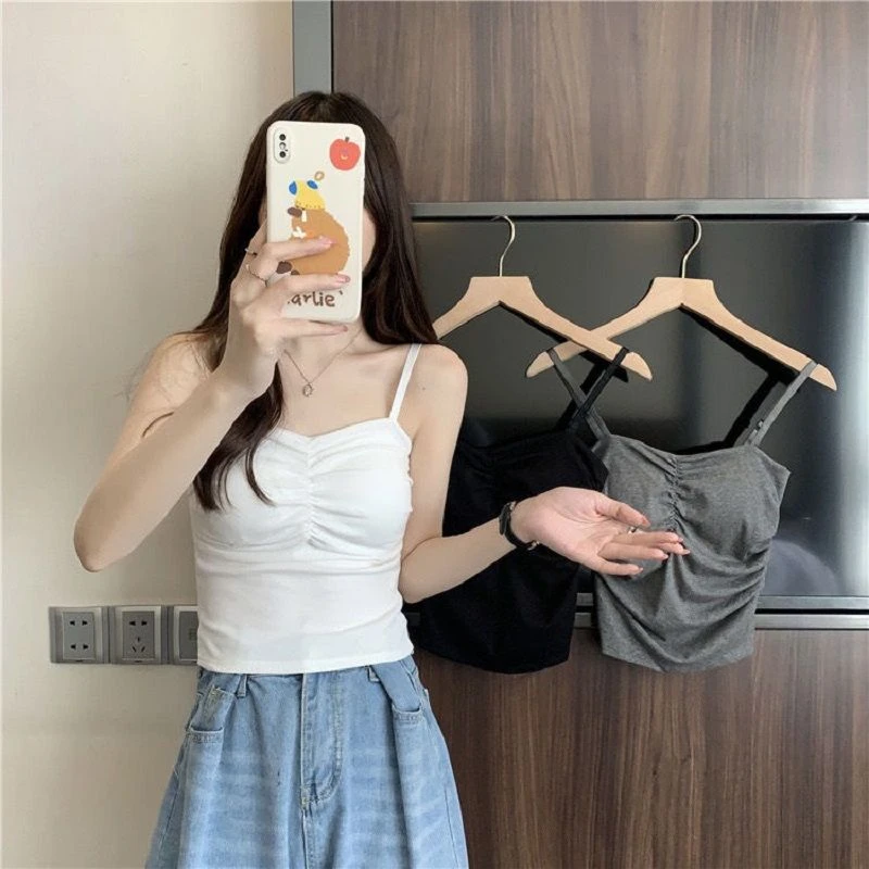 吊带夏季美背背心新款胸垫韩版内抹胸修身褶皱上衣设计
