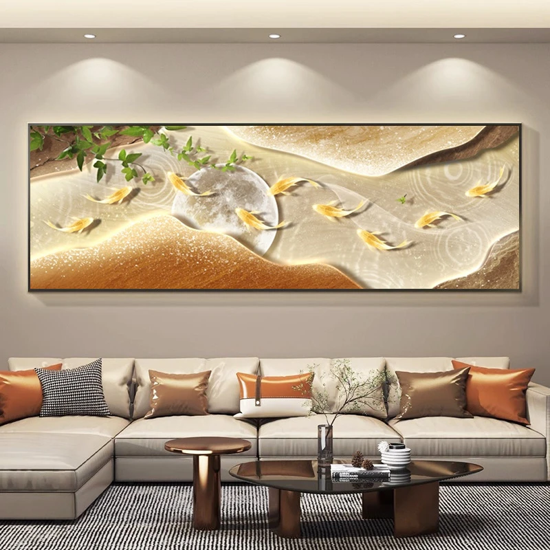 现代轻奢客厅装饰画九鱼图横幅高级感大气沙发背景墙挂画灯画壁画