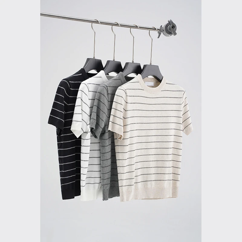 FCC【老钱风 条纹针织】夏季时尚宽松休闲百搭冰感圆领男生短袖T恤