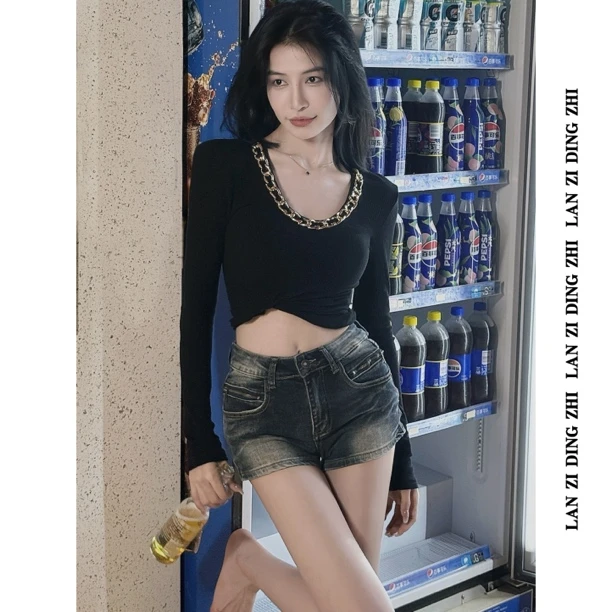 「极简高智」高级ins风设计感复古修身显瘦百搭链条长袖上衣