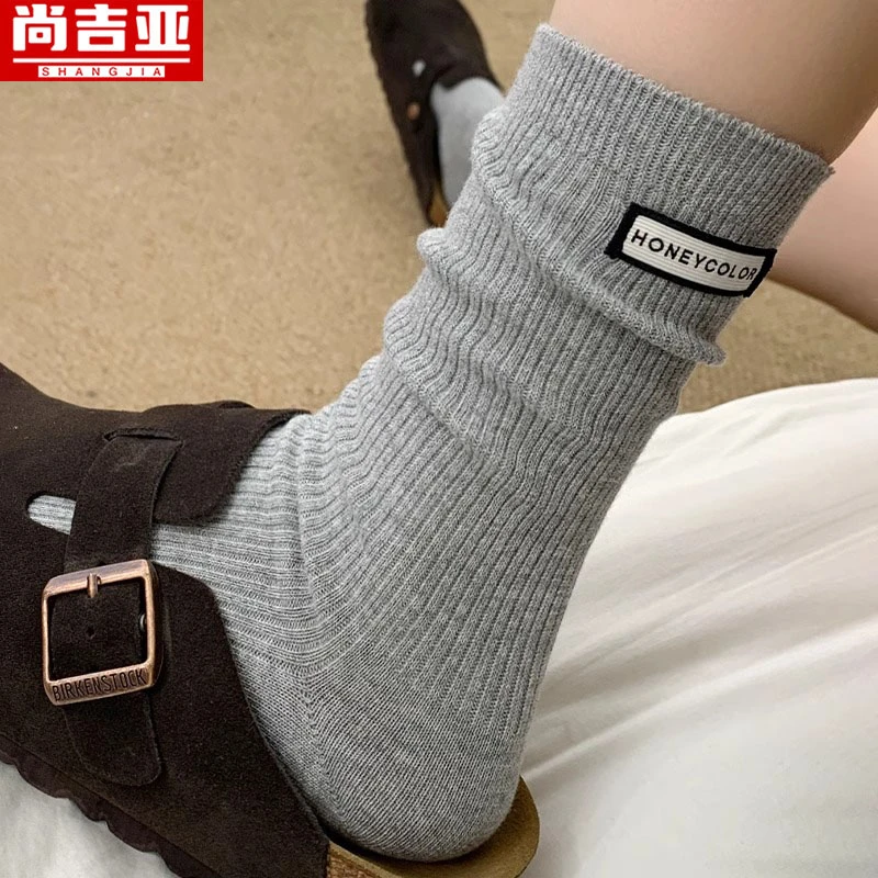灰色袜子女中筒袜春秋季纯棉ins潮后跟布标堆堆袜配勃肯鞋长筒袜