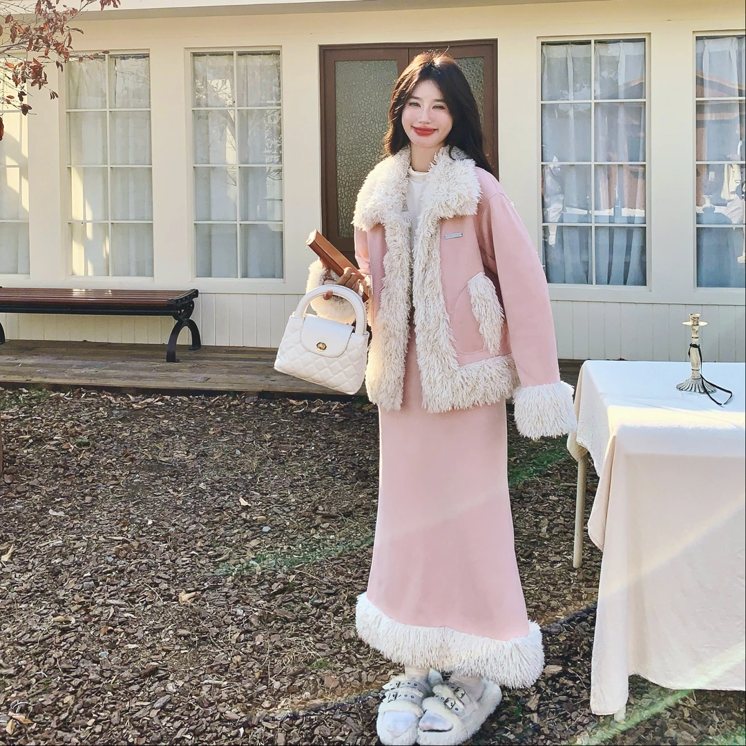 小香风粉色外套半身裙加厚套装女冬2025新款甜酷感皮毛一体两件套