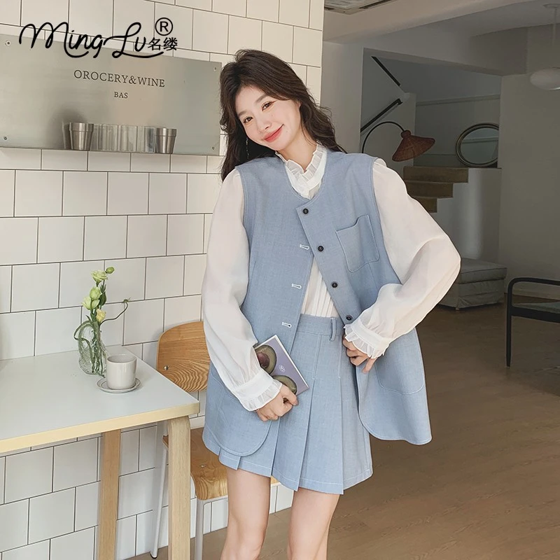 韩版蓝色夹克衬衫百褶裙套装女2025春时尚减龄马甲外套短裙三件套