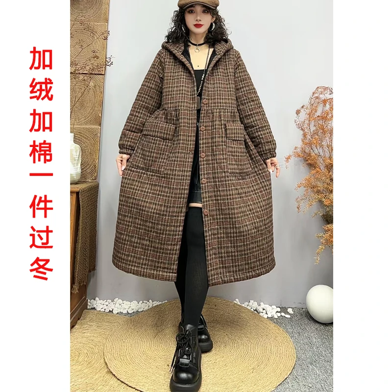 格子加绒加厚时尚复古连帽中长款民族风保暖抗寒冬季宽松棉衣棉服