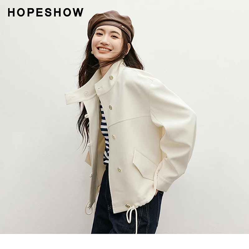 红袖春季2025新款女装 文艺慵懒抽绳落肩立领风衣外套90125020402