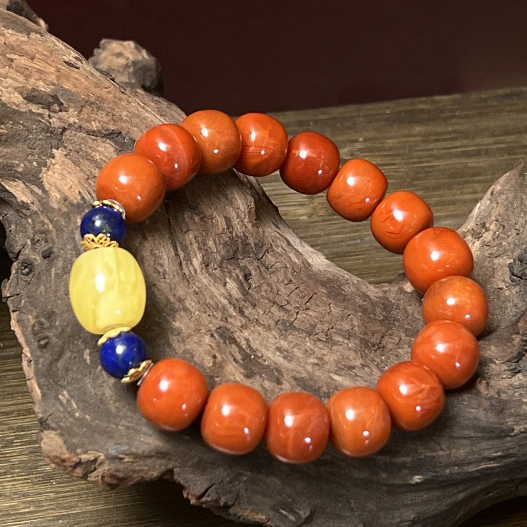 【佰万银庄】蜜蜡青金DIY南红老形珠手链