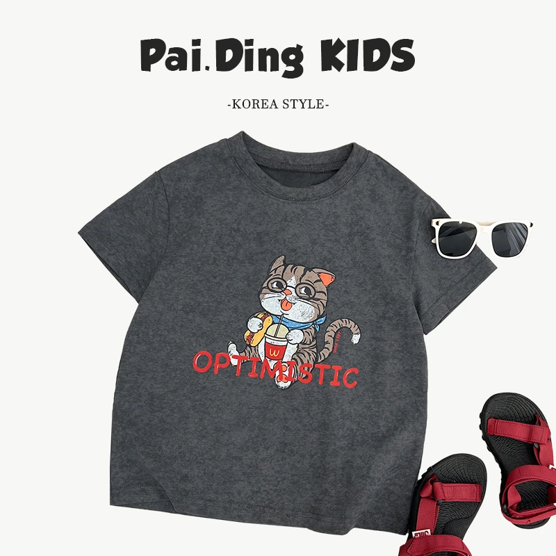 现货-【兔小呗】夏装儿童韩版卡通猫咪印花休闲百搭短袖T恤SJ5766