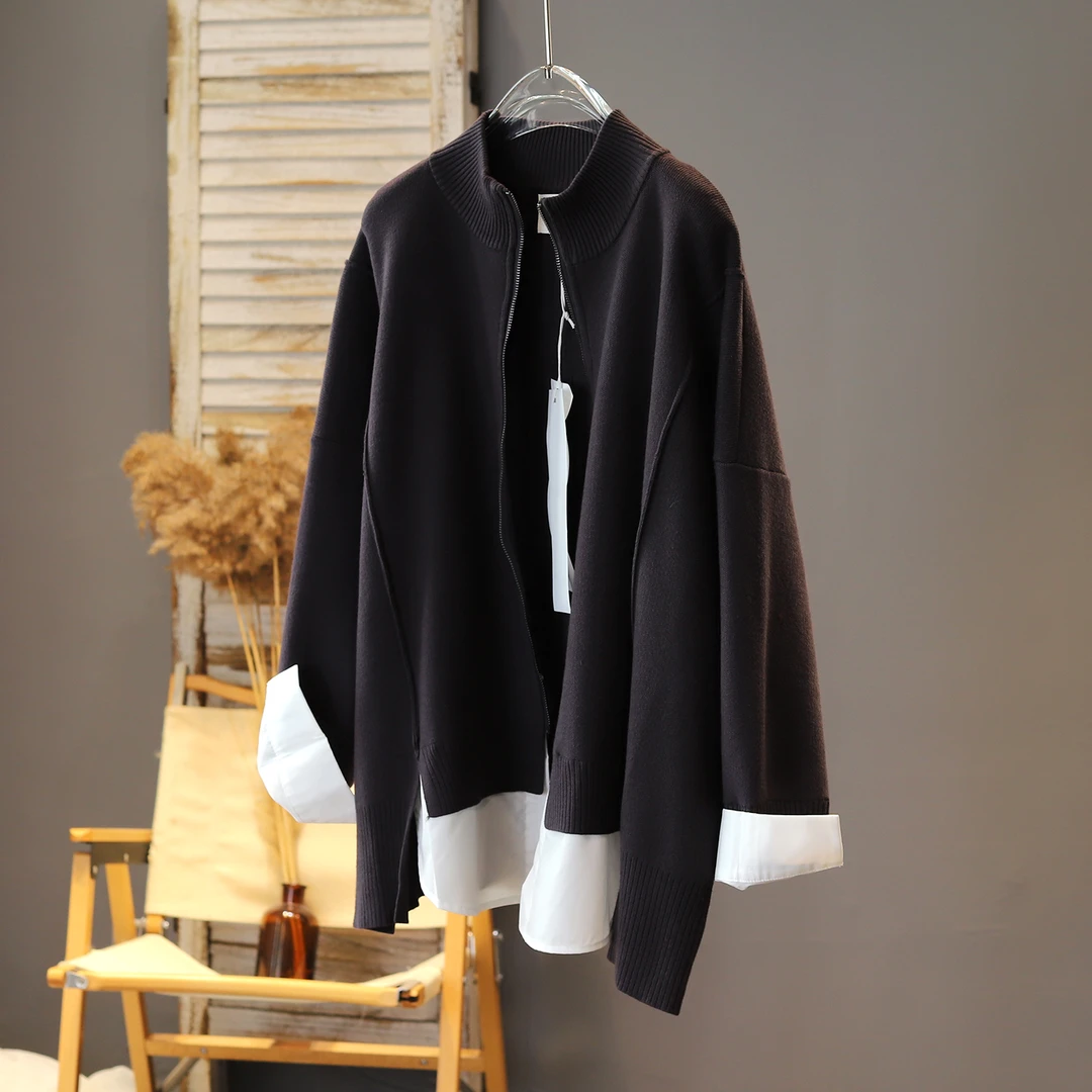 2025年新品秋冬拼接垂感拉链长袖舒适针织开衫假两件时尚经典文艺