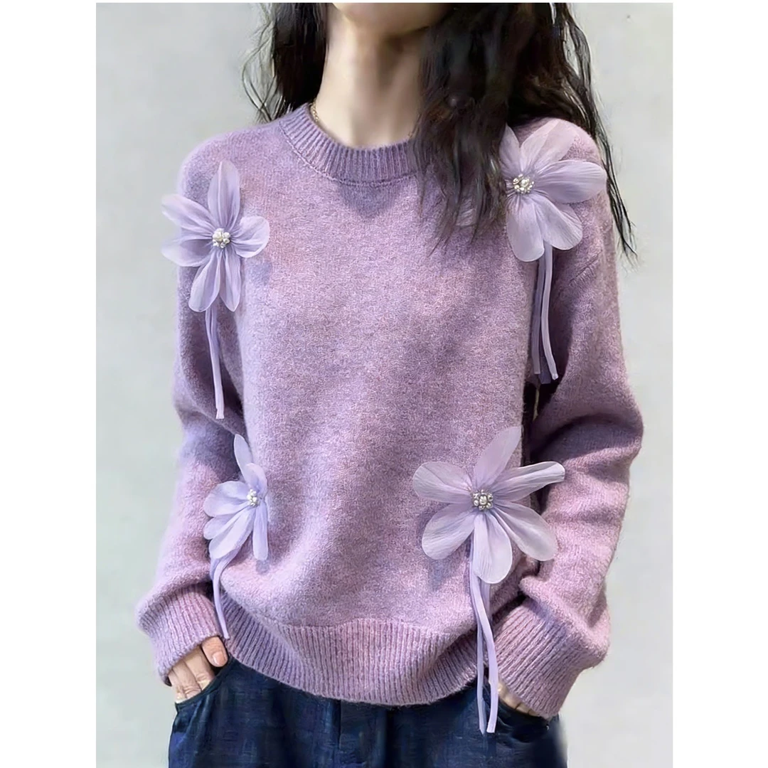 法式钉珠花朵紫色长袖毛衣女秋冬新款大码巨好看时髦针织衫上衣