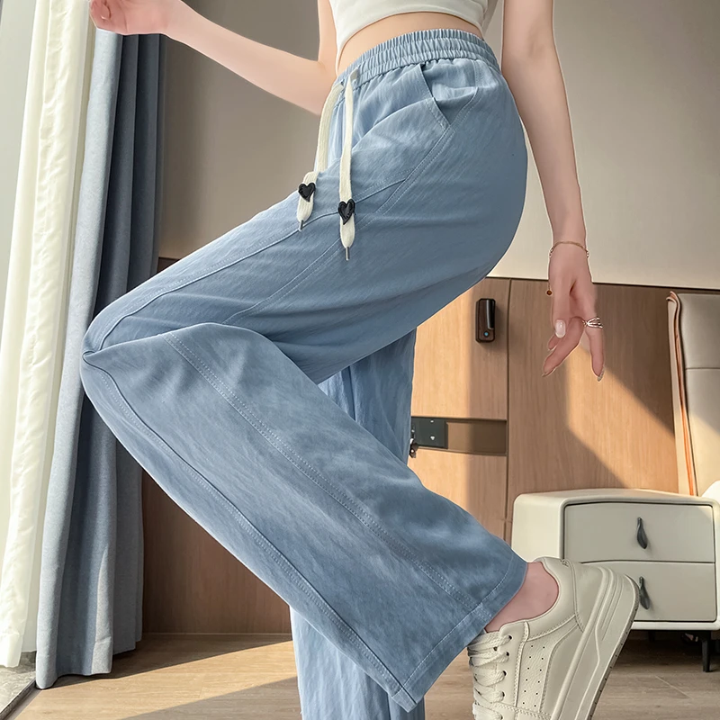 仿牛仔纹理夏季薄款窄版阔腿裤女2025新款高腰垂感显瘦九分休闲裤