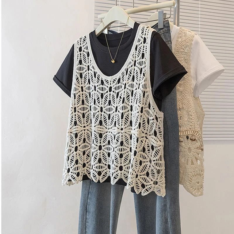 杜拉妮钩花镂空马甲背心短袖t恤女2025夏大码胖mm显瘦遮肚上衣两