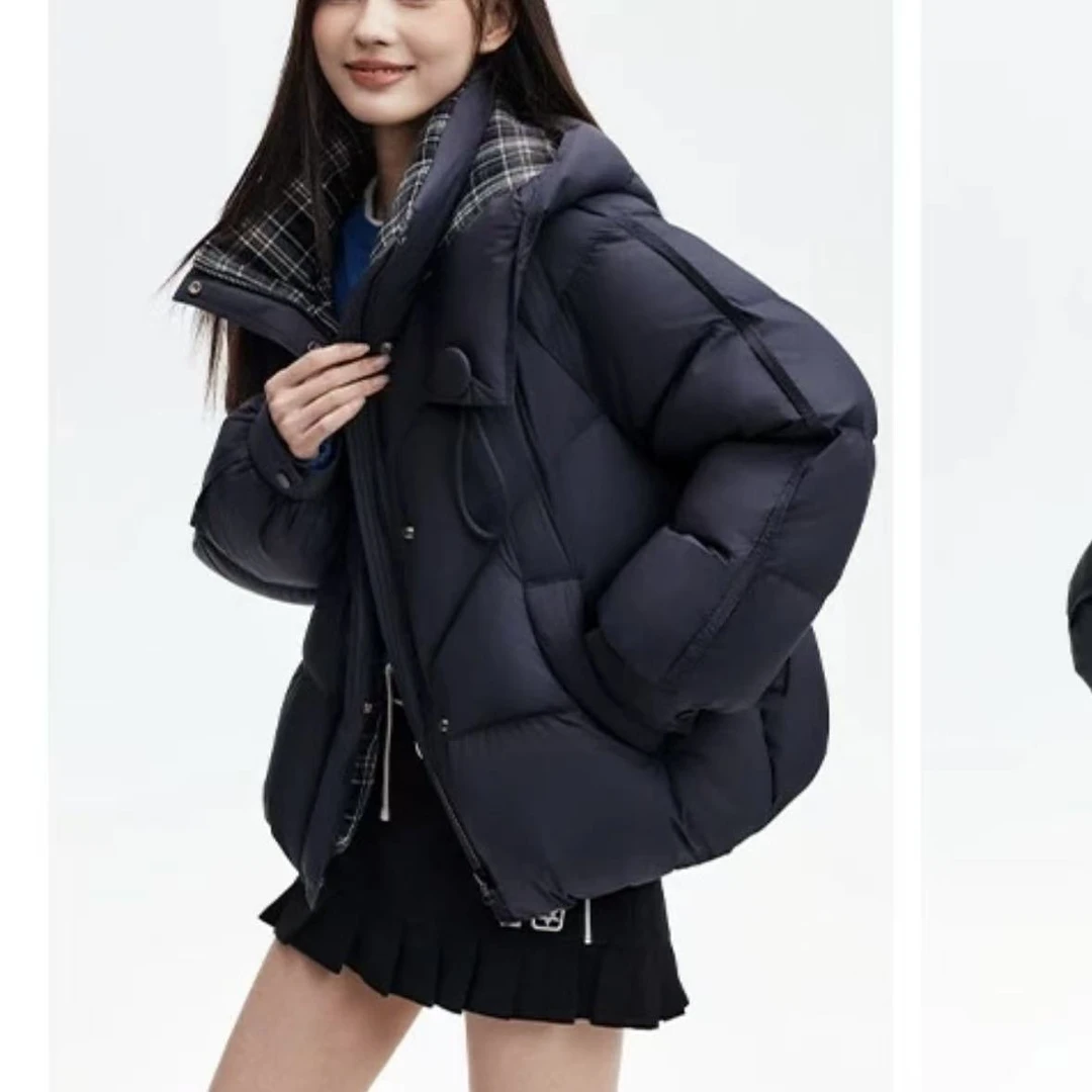 【现货】25年新款拼接短款格子帽女爆款羽绒服外套