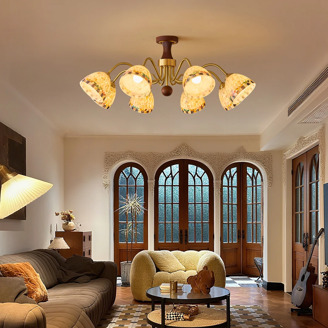 中古风贝壳客厅吊灯高级感设计师黄铜法式复古胡桃木卧室餐厅主灯