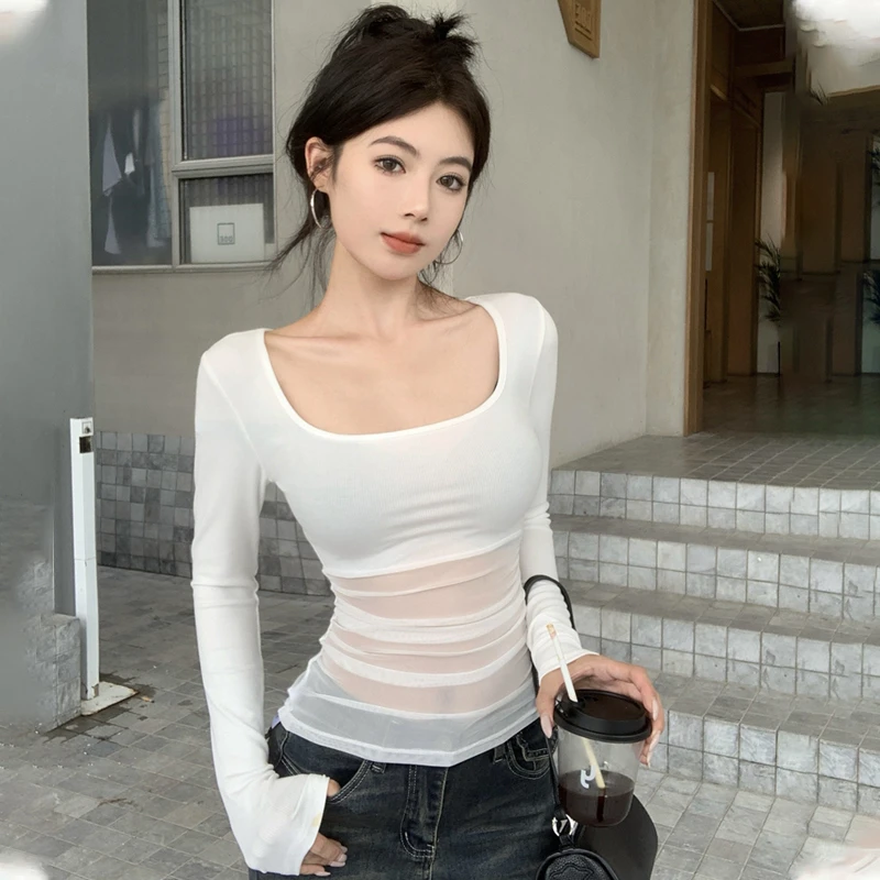 方领拼接网纱长袖T恤女2025秋冬新款纯欲显瘦打底衫辣妹紧身上衣