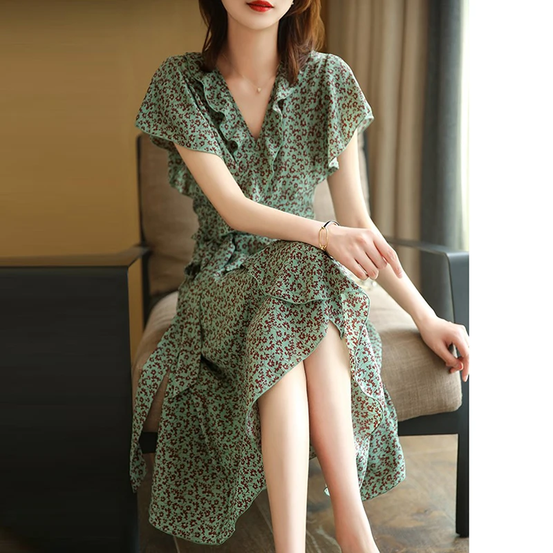 DUCURNO碎花荷叶边连衣裙女夏季2025新款设计感小众显瘦气质裙子