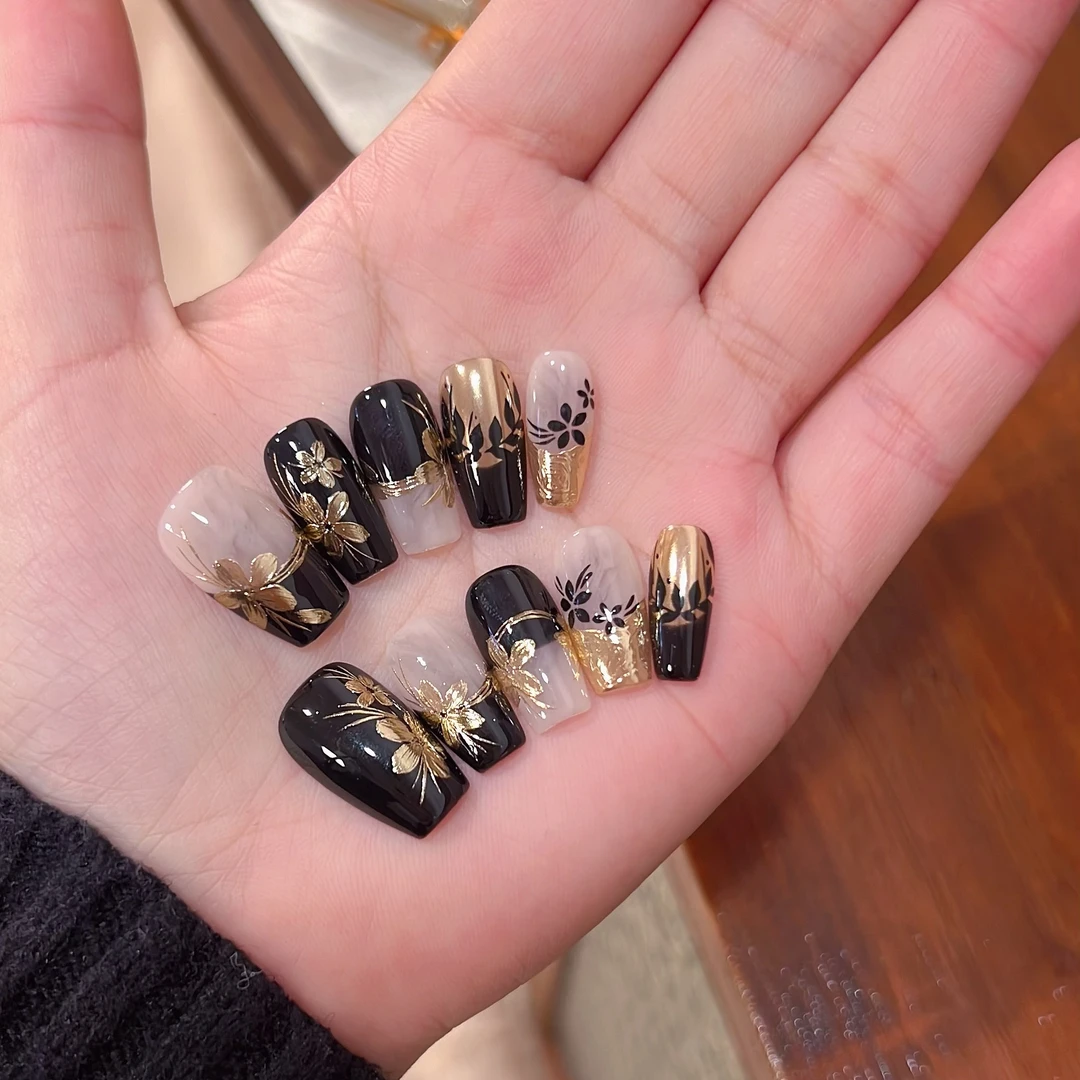 【秘境】祝音定制手工穿戴甲黑色手绘晕染穿戴式美甲小红书指甲贴