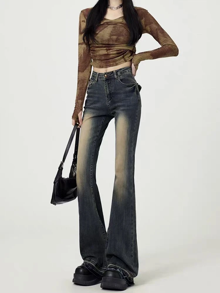 2025秋冬牛仔裤设计感牛仔复古高腰喇叭裤拍2条送腰带【默认瑕疵】