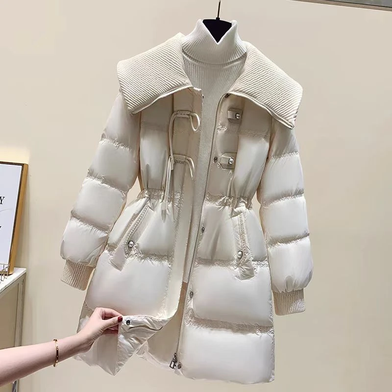 女款新中式立领中长款大码羽绒棉服宽松型长袖修身型收腰显瘦