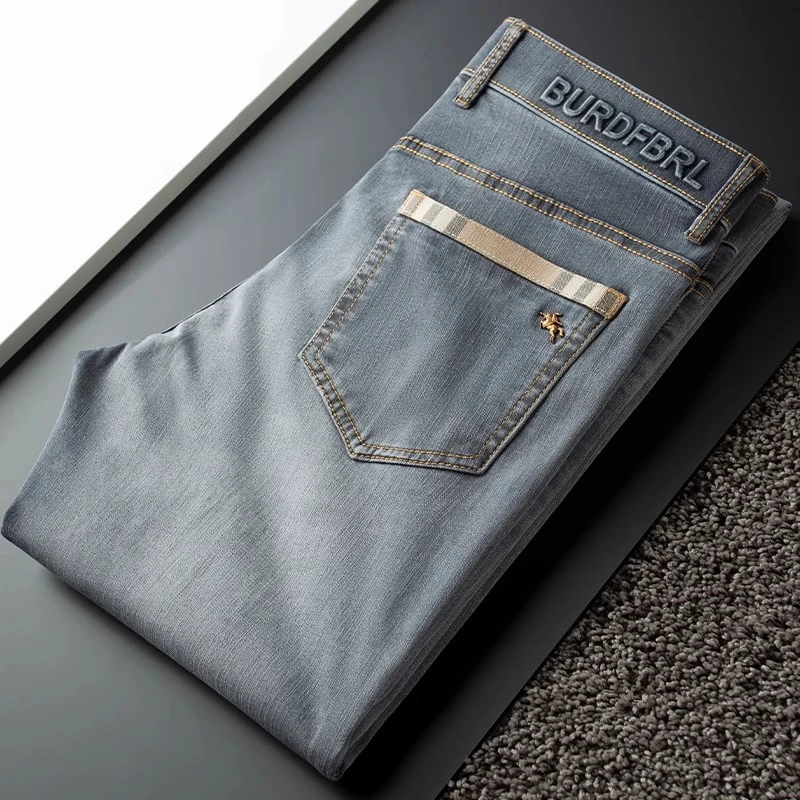 轻奢夏季薄款洗水浅灰色牛仔裤男小直筒高端欧货弹力修身休闲裤男