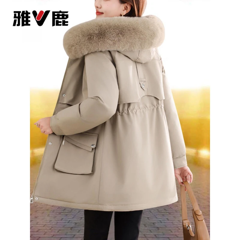 雅鹿女士派克服外套女中长款冬季2025新款中年妈妈装加绒加厚休闲