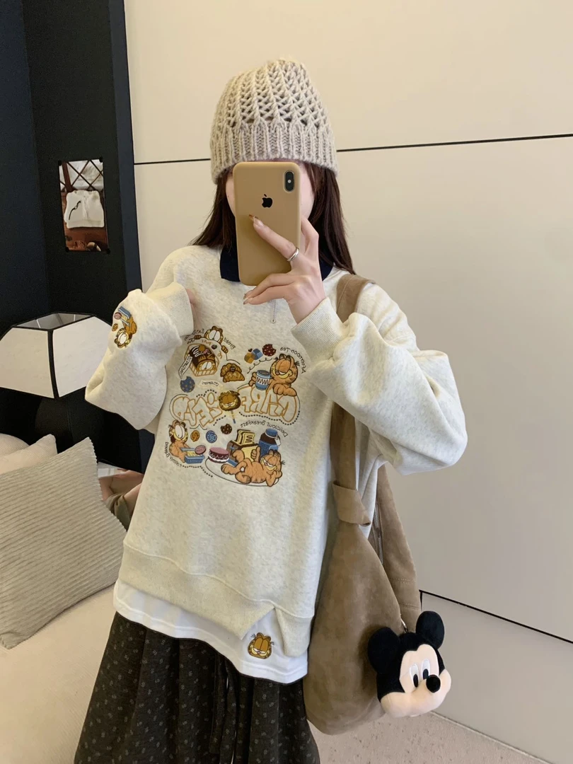 3716（冬款）加菲猫卡通polo领加绒卫衣女装