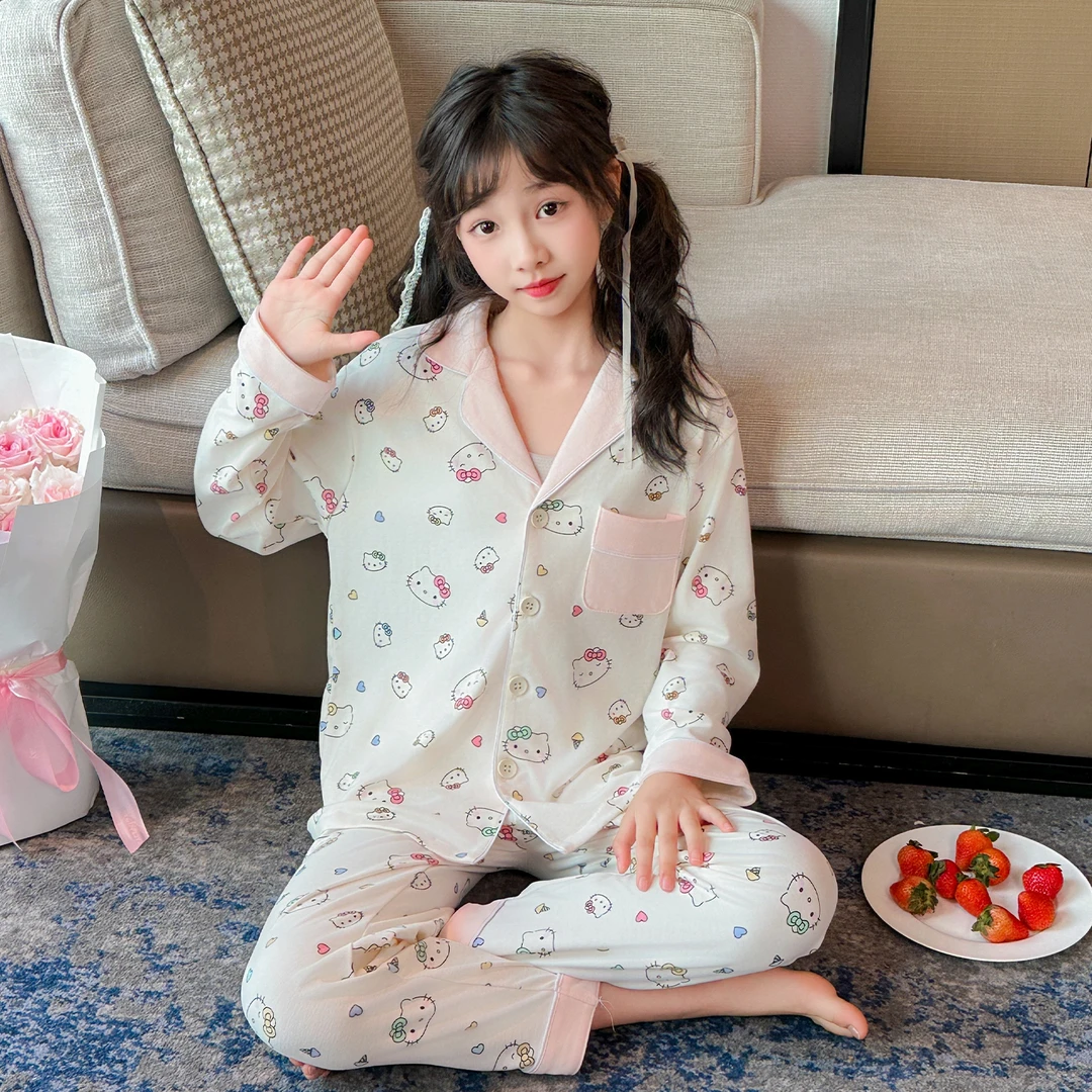 女童睡衣纯棉kt猫甜美风洋气中大童女孩春秋季开衫式家居服两件套