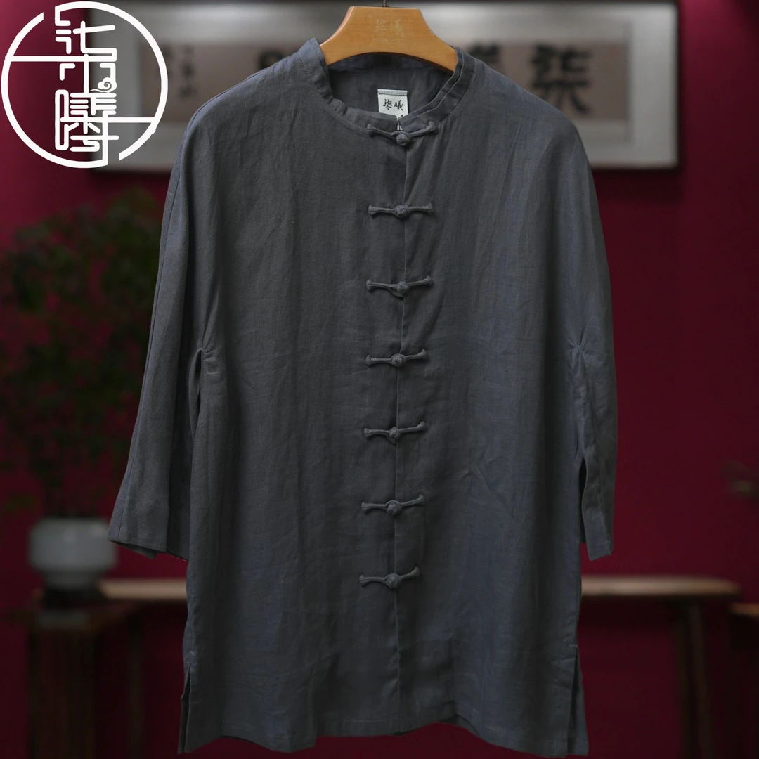 Sevensee/柒曦中国风服饰盘扣中式上衣短袖汉麻薄款复古古风男装