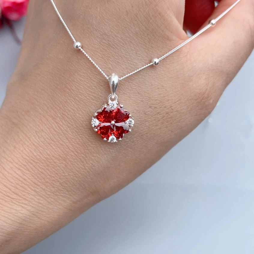 链子足银合成锆石 足银爱心吊坠项链镶嵌合成立方氧化锆吊坠