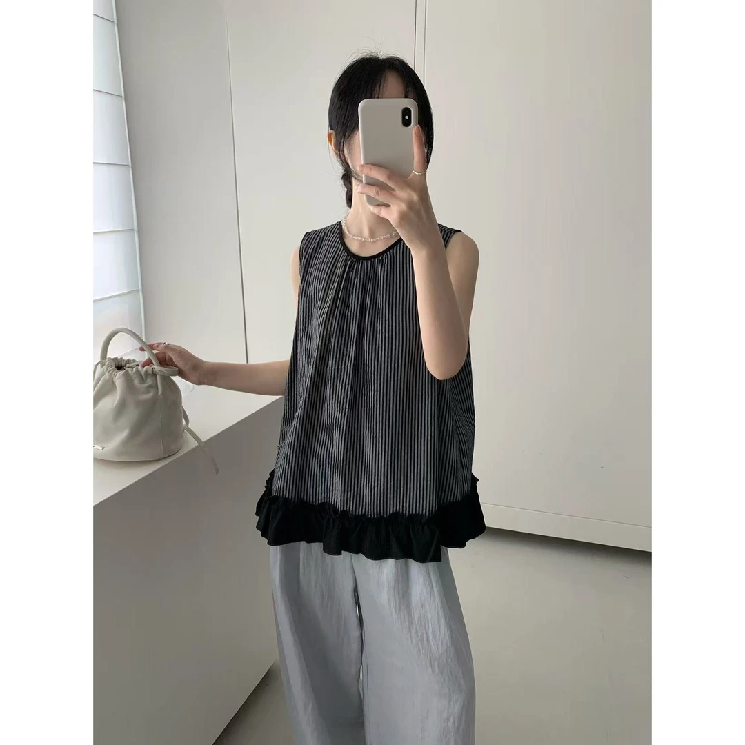 7856#YOUR#高级感!竖条纹下摆花边设计背心小衫（福利）