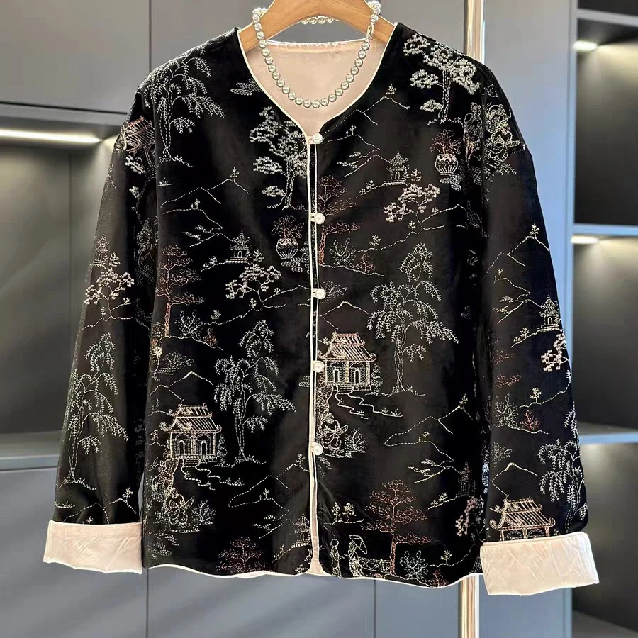 通勤圆领加绒加厚款静奢风短外套休闲复古宽松国潮春夏