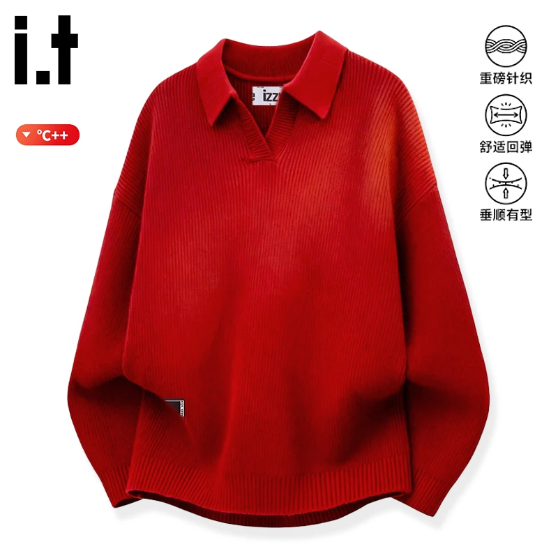 i.t izzue新年红色毛衣男女秋季简约重磅针织衫潮牌老钱风打底衫B
