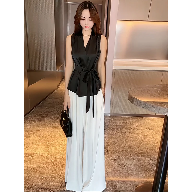 法式气质吊带上衣女夏季2025新款收腰绑带黑色无袖背心衬衫上衣女