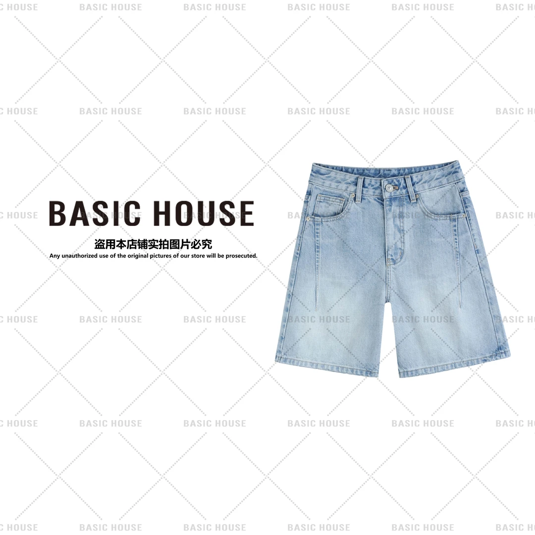 【Basic House/百家好】新款复古洗水宽松直筒牛仔短裤 B1175B52732