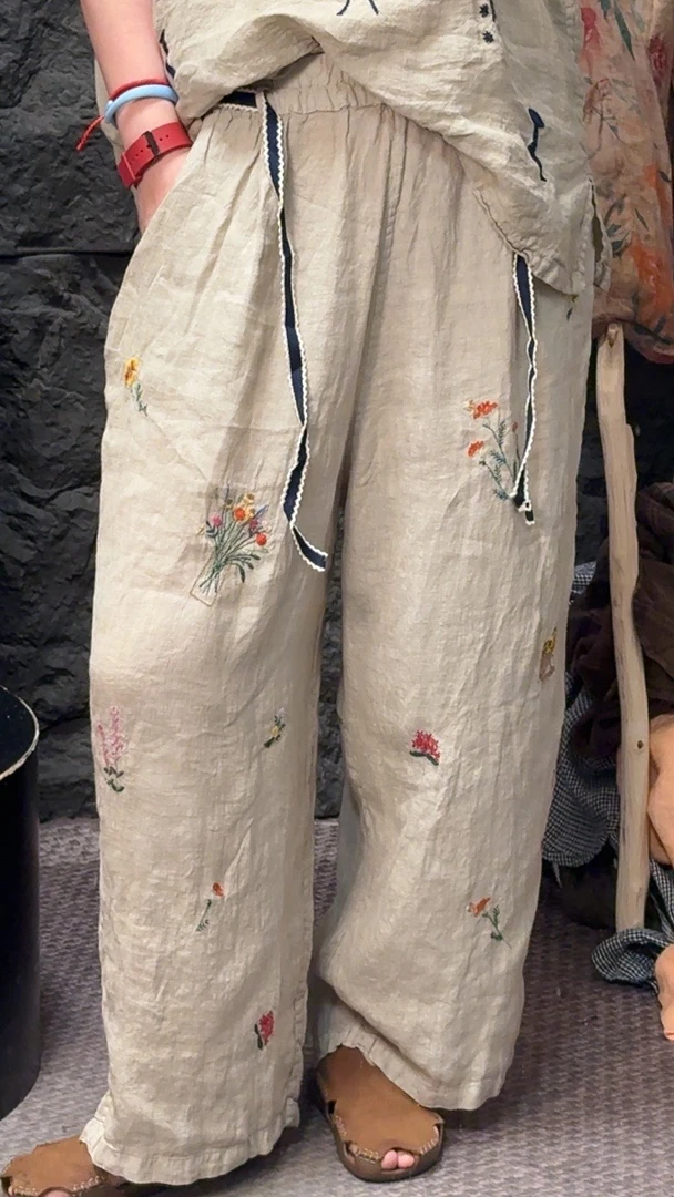13夏季亚麻刺绣高腰薄款休闲直筒裤宽松百搭
