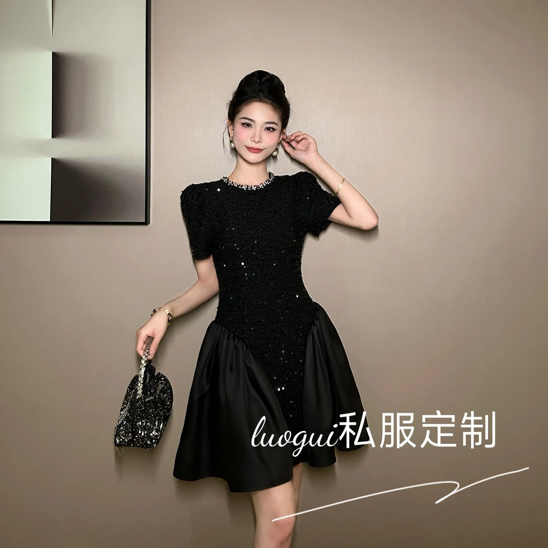 【花花原创】轻奢时尚小黑裙显瘦气质法式泡泡袖名媛连衣裙 21695