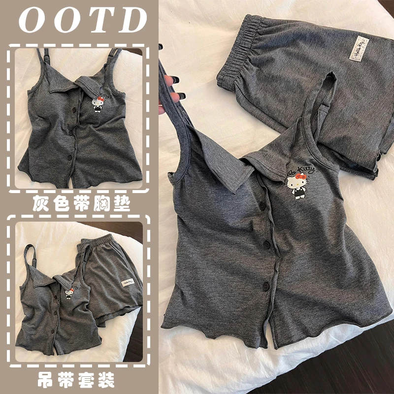 灰色带胸垫睡衣女夏季新款卡通kt猫印花可外穿韩版吊带家居服套装