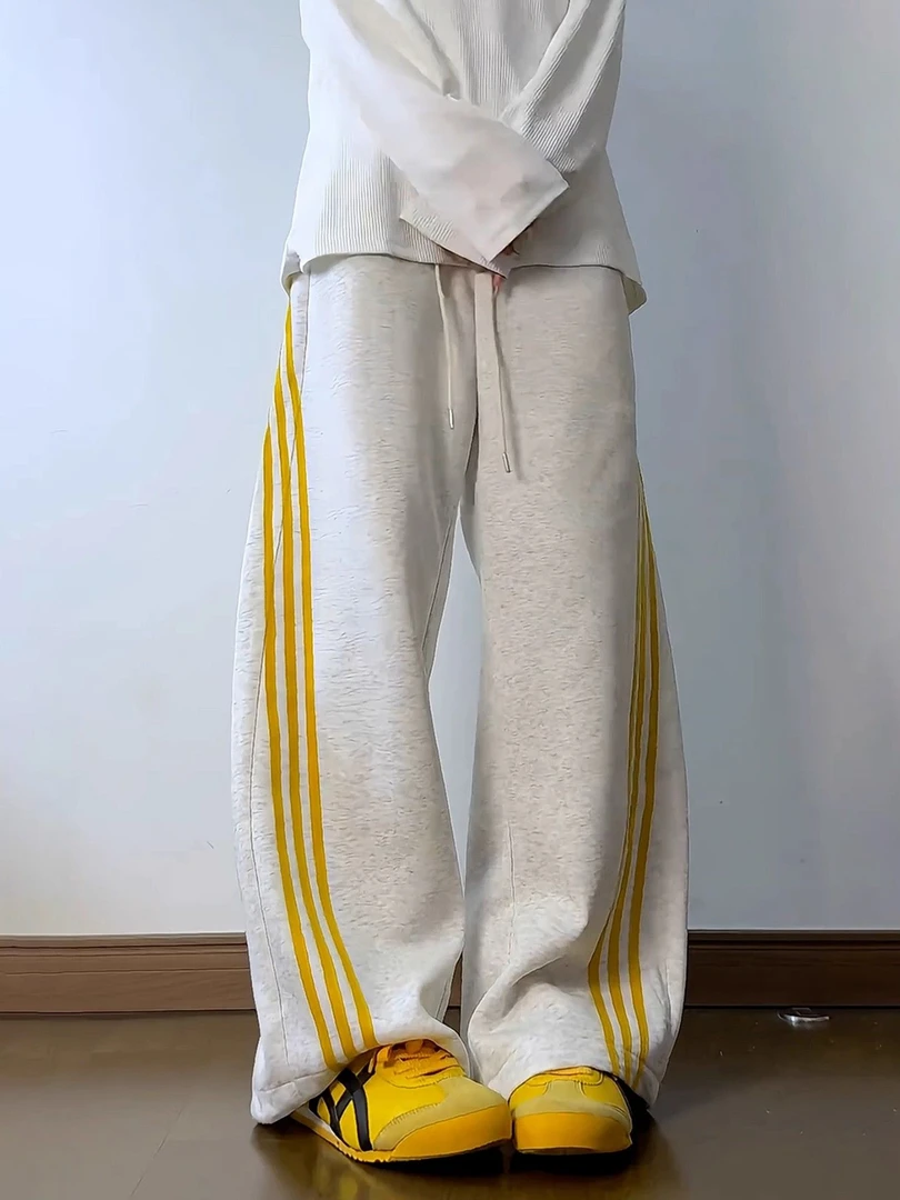 美式复古条纹运动休闲裤女2025新款潮流百搭高腰显瘦宽松阔腿长裤