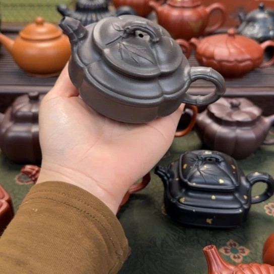 紫砂茶壶海棠竹鼓天青