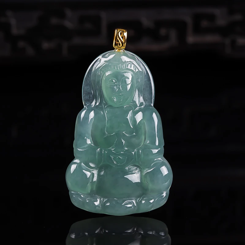 18k金扣头镶嵌冰蓝满色迷你锁骨小观音吊坠 尺寸33×3.6mm