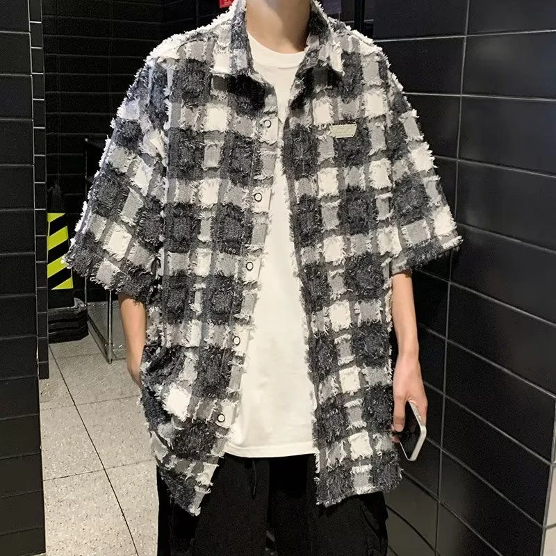 复古短袖格子衬衣男大码磨毛半袖衬衫上衣老爷车中年男士无袖背心